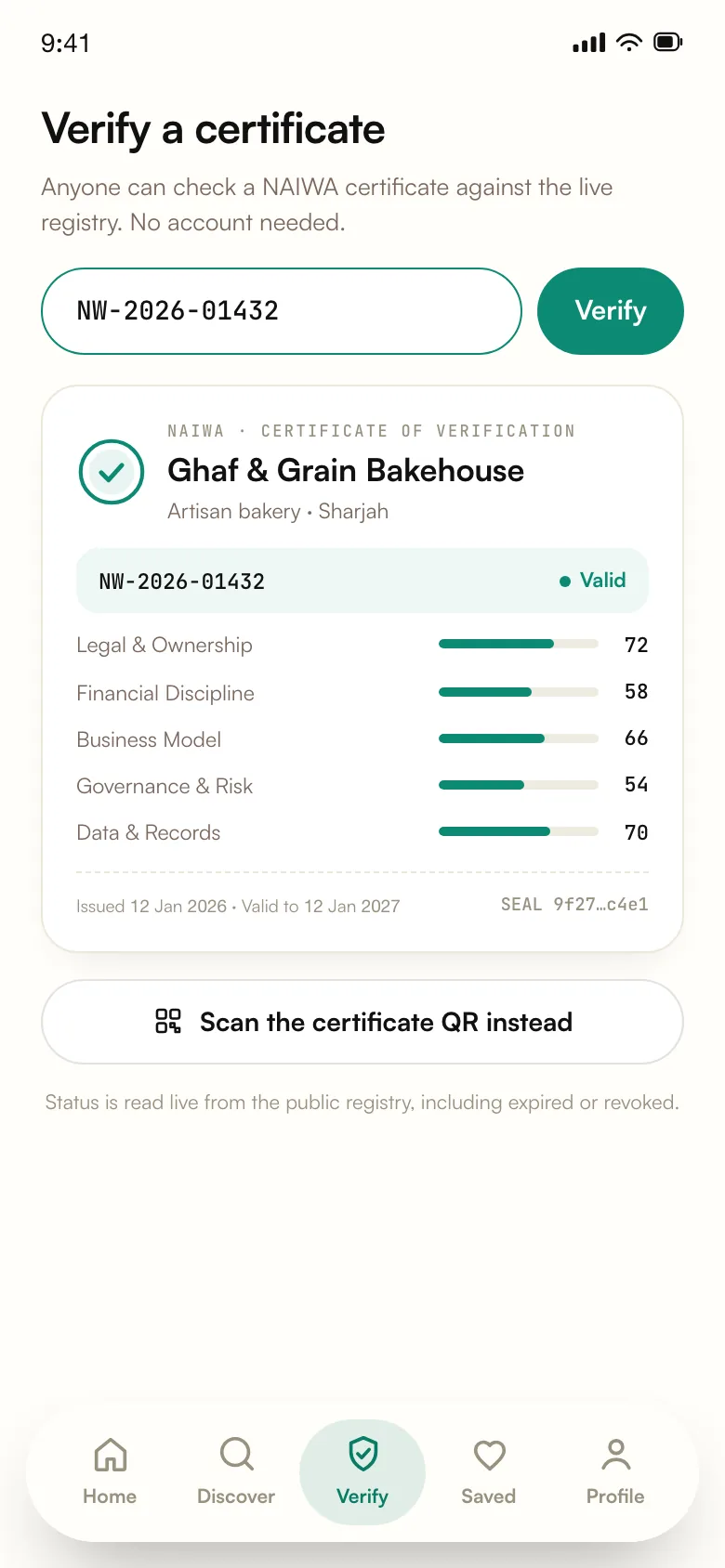 NAIWA app, verify a certificate